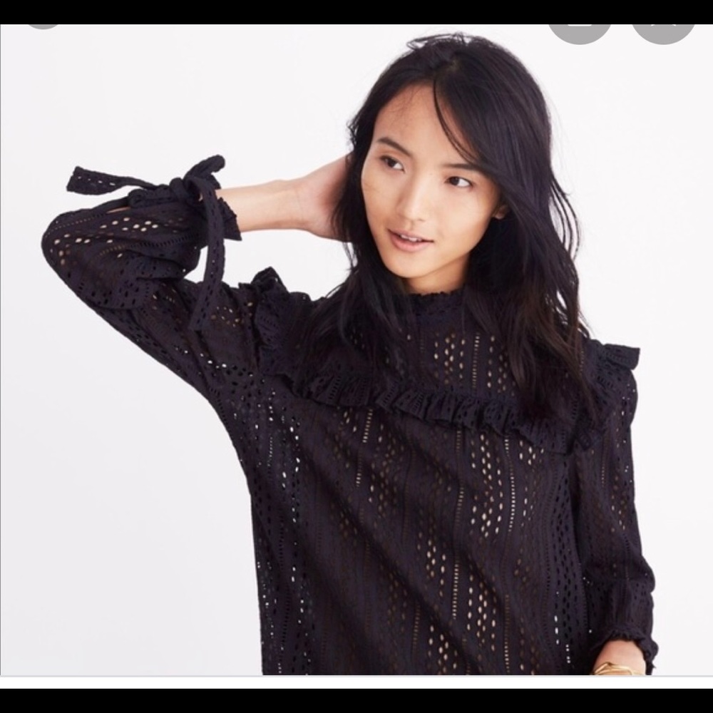 Madewell Eyelet Mockneck Ruffle Top in Black
